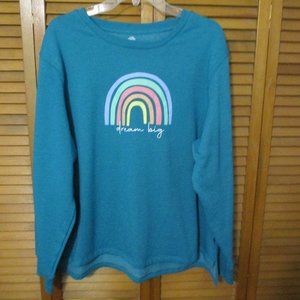 Positive Tees sweatshirt lightweight soft blue teal rainbow pullover size XL